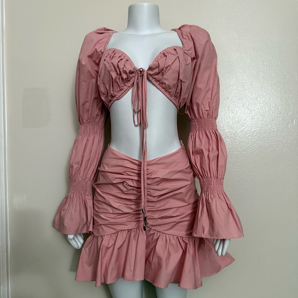 Dusty pink puff sleeve tie front crop top ruched ruffled mini skirt set